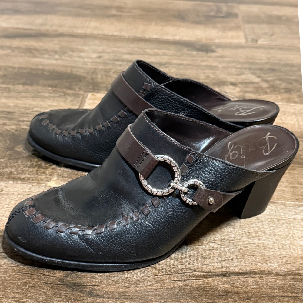 Brighton Vintage Gemini Pebbled Leather Horsebit Block Heel Mules, Black Brown,8 - Picture 10 of 10